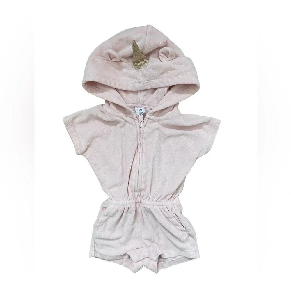 Gap Terry Pink Hooded Unicorn Romper - 12-18 months